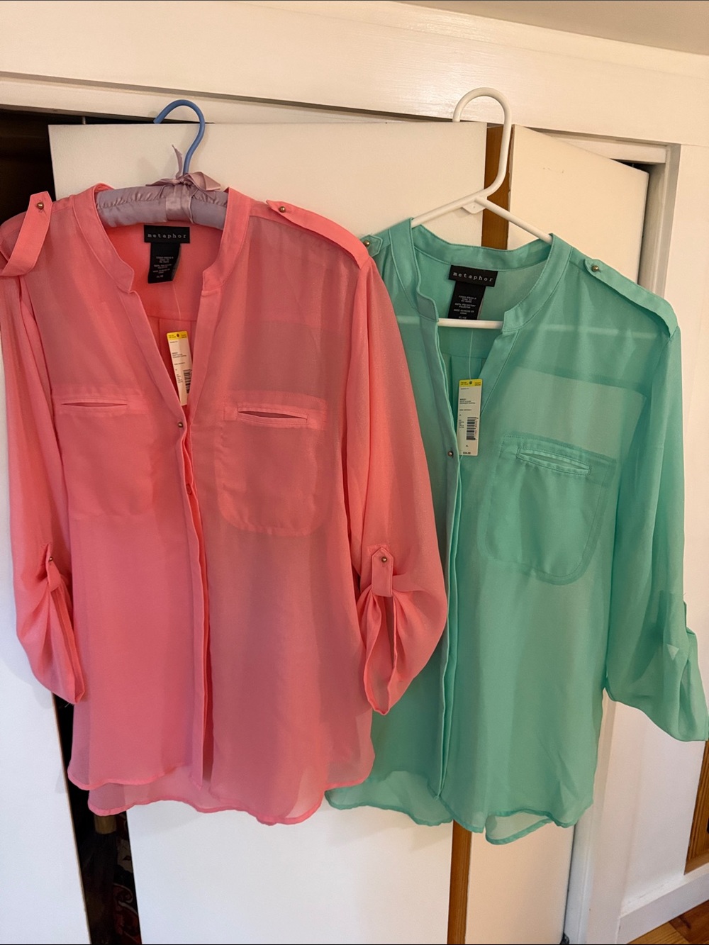 Metaphor Sheer Button-Front Blouse - Coral Pink & Mint